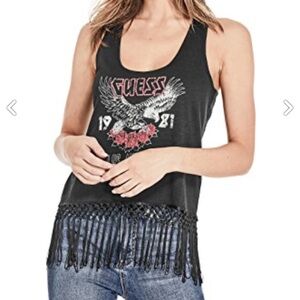 Guess Tassel Festival Fringe Black Racerback Tank Top Eagle and Roses Graphic